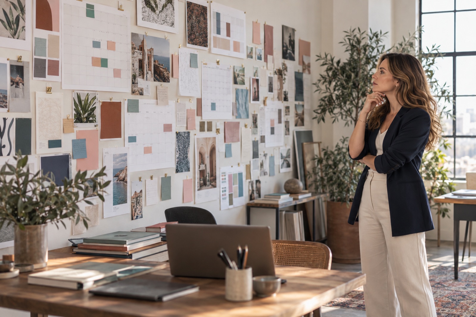 Emprendedora observando muchos proyectos abiertos en su espacio de trabajo